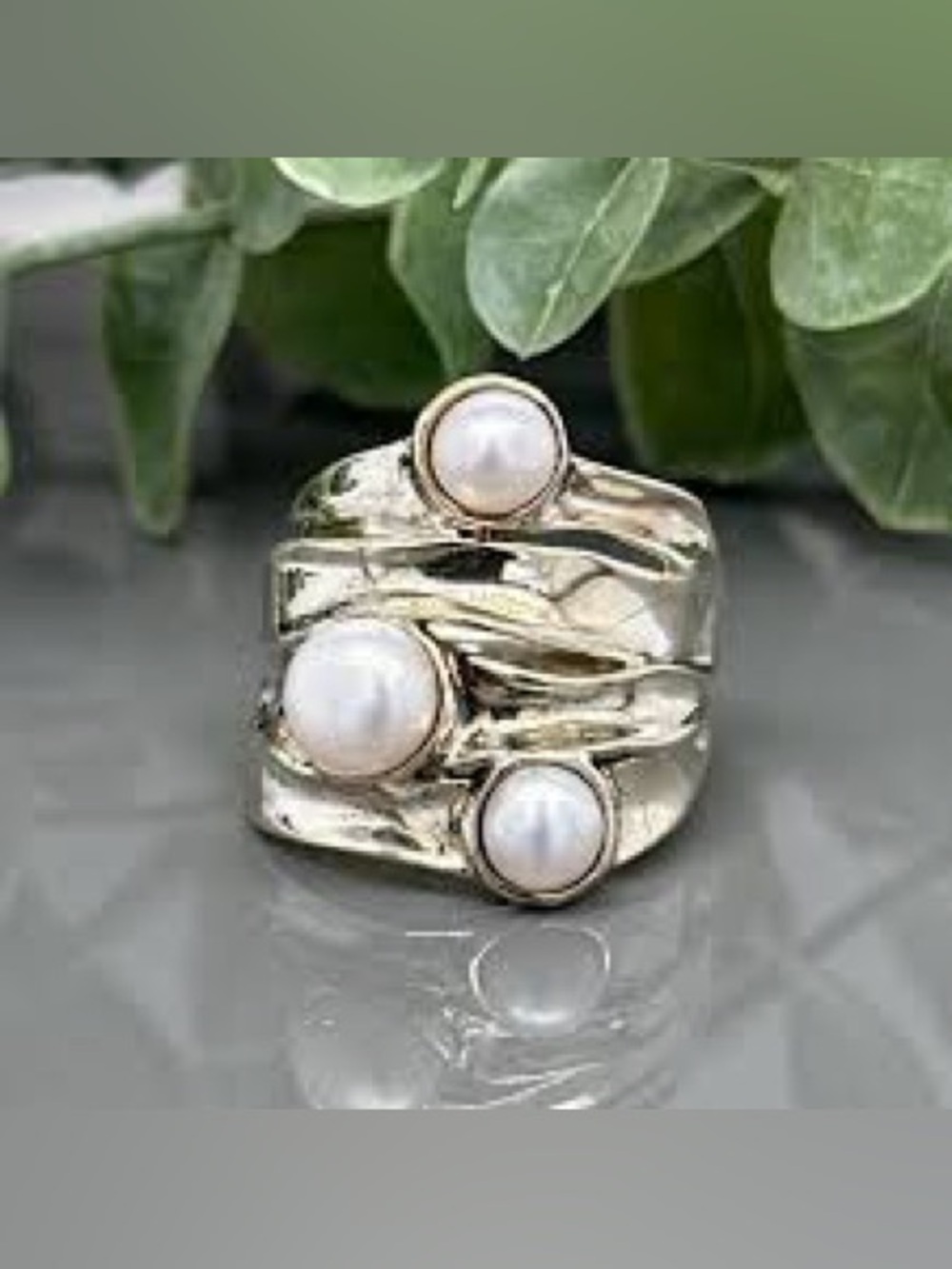 Hagit Gorali Israel 925 Sterling Silver Pearl Wide Band Vines Ring Size 10